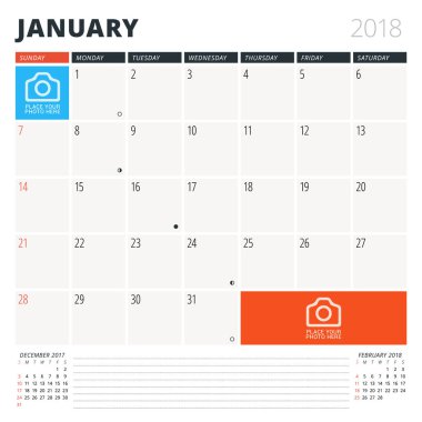 Takvim planlayıcısı Ocak 2018 için. Tasarım şablonu. Hafta Pazar günü başlar. 3 ay sayfasında. Ayın Evreleri.
