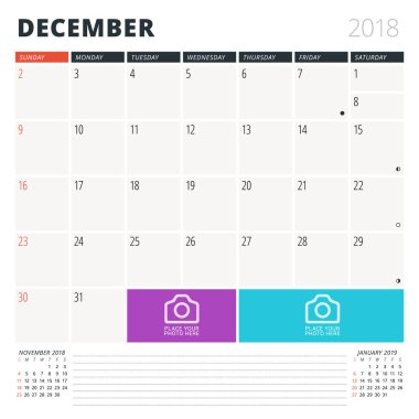 Aralık 2018 için takvim planlayıcısı. Tasarım şablonu. Hafta Pazar günü başlar. 3 ay sayfasında. Ayın Evreleri.