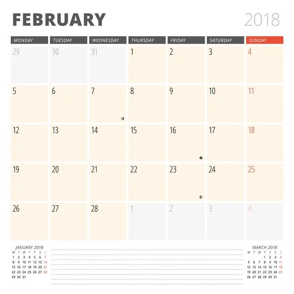 Planificador de calendario para febrero de 2018. Plantilla de diseño. La semana comienza el lunes. 3 meses en la página. Fases de la Luna . — Vector de stock