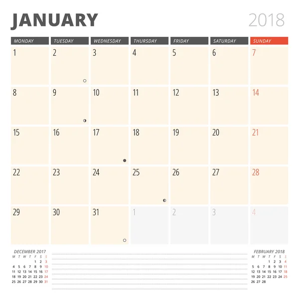 Planificador de calendario para enero de 2018. Plantilla de diseño. La semana comienza el lunes. 3 meses en la página. Fases de la Luna . — Vector de stock