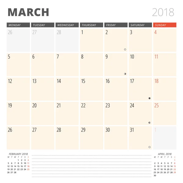 Planificador de calendario para marzo de 2018. Plantilla de diseño. La semana comienza el lunes. 3 meses en la página. Fases de la Luna . — Vector de stock