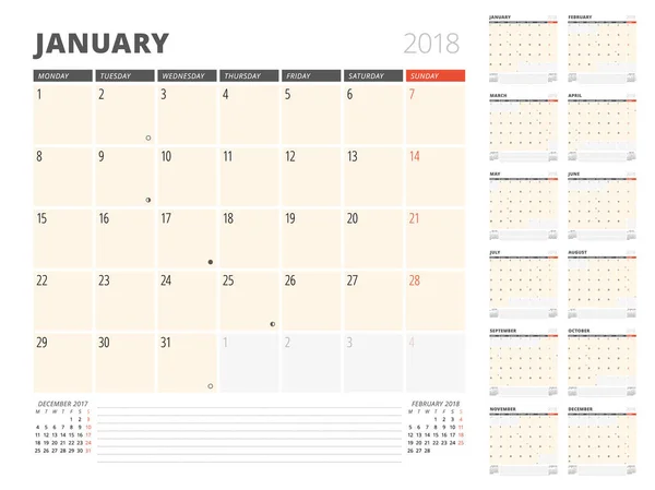 Calendário planejador para 2018 Ano. Modelo de design. A semana começa na segunda-feira. Conjunto de 12 Meses. Fases da Lua — Vetor de Stock