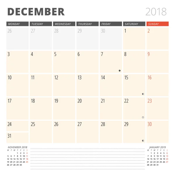 Calendário Planner para dezembro de 2018. Modelo de design. A semana começa na segunda-feira. 3 Meses na página. Fases da Lua . — Vetor de Stock