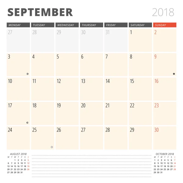 Planificador de calendario para septiembre de 2018. Plantilla de diseño. La semana comienza el lunes. 3 meses en la página. Fases de la Luna . — Archivo Imágenes Vectoriales
