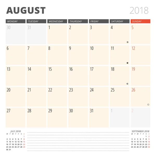 Planejador de calendário para agosto de 2018. Modelo de design. A semana começa na segunda-feira. 3 Meses na página. Fases da Lua . — Vetor de Stock