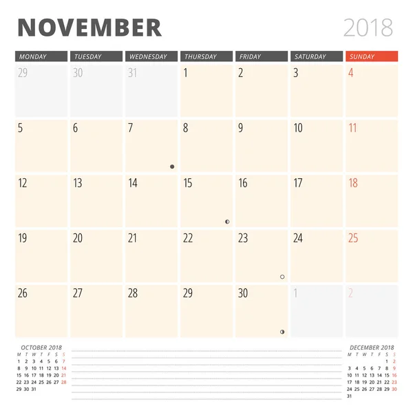 Planificador de calendario para noviembre de 2018. Plantilla de diseño. La semana comienza el lunes. 3 meses en la página. Fases de la Luna . — Vector de stock