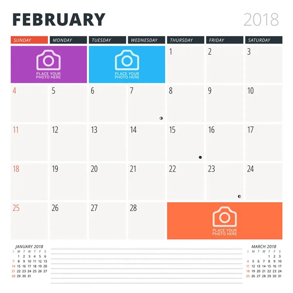 Planificador de calendario para febrero de 2018. Plantilla de diseño. La semana comienza el domingo. 3 meses en la página. Fases de la Luna . — Vector de stock