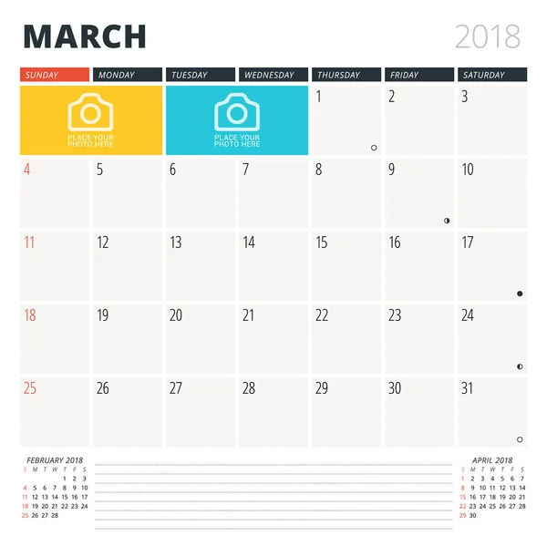 Planificador de calendario para marzo de 2018. Plantilla de diseño. La semana comienza el domingo. 3 meses en la página. Fases de la Luna . — Vector de stock