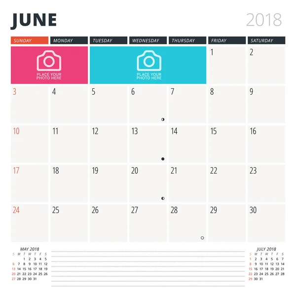 Planejador de calendário para junho de 2018. Modelo de design. A semana começa no domingo. 3 Meses na página. Fases da Lua . —  Vetores de Stock