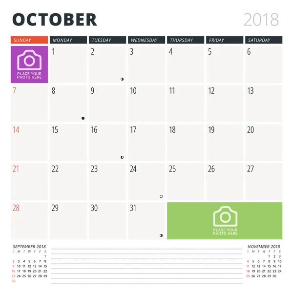 Calendário Planner para outubro de 2018. Modelo de design. A semana começa no domingo. 3 Meses na página. Fases da Lua . —  Vetores de Stock