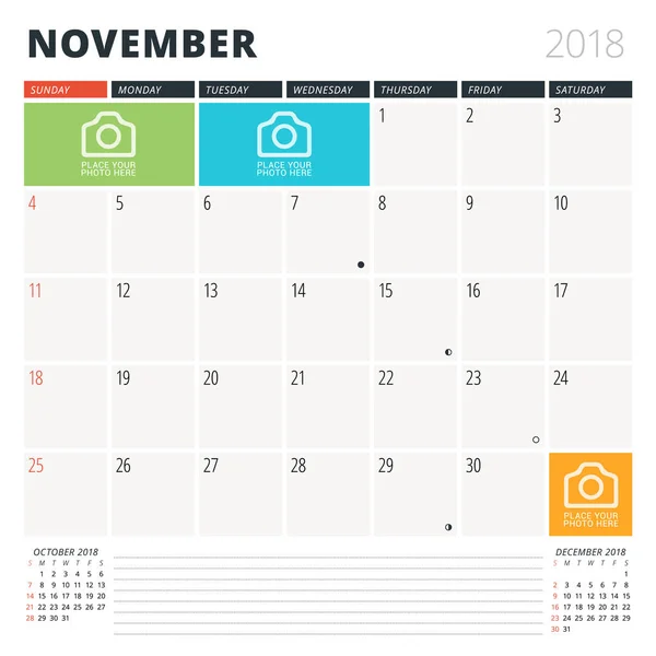 Planejador de calendário para novembro de 2018. Modelo de design. A semana começa no domingo. 3 Meses na página. Fases da Lua . —  Vetores de Stock