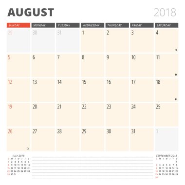 Ağustos 2018 için takvim planlayıcısı. Tasarım şablonu. Hafta Pazar günü başlar. Sayfa 3 ay