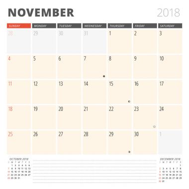 Kasım 2018 için takvim planlayıcısı. Tasarım şablonu. Hafta Pazar günü başlar. Sayfa 3 ay