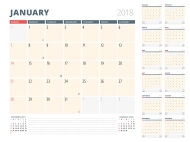 2018 yıl için takvim planlayıcısı. Tasarım şablonu. Hafta Pazar günü başlar. Sayfa 3 ay