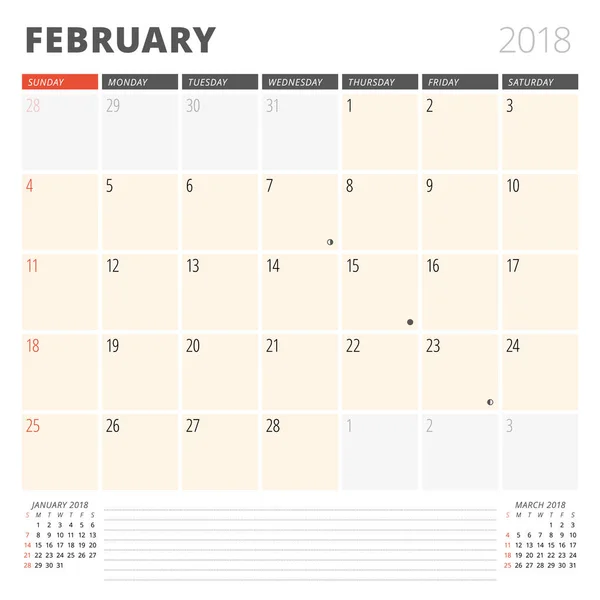 Kalender Planner för februari 2018. Formgivningsmall. Veckan börjar på söndag. 3 månader på sidan — Stock vektor