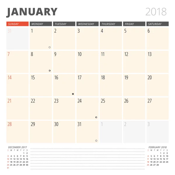 Planificador de calendario para enero de 2018. Plantilla de diseño. La semana comienza el domingo. 3 meses en la página — Vector de stock