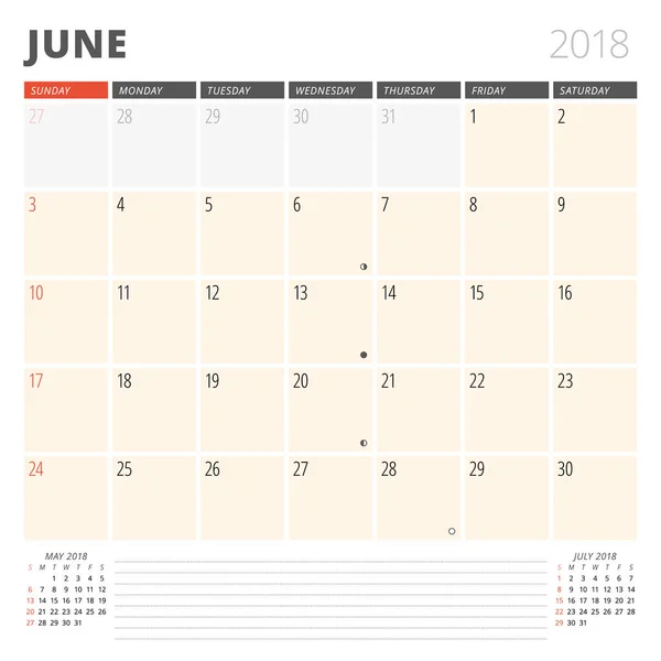 Planificador de calendario para junio de 2018. Plantilla de diseño. La semana comienza el domingo. 3 meses en la página — Vector de stock