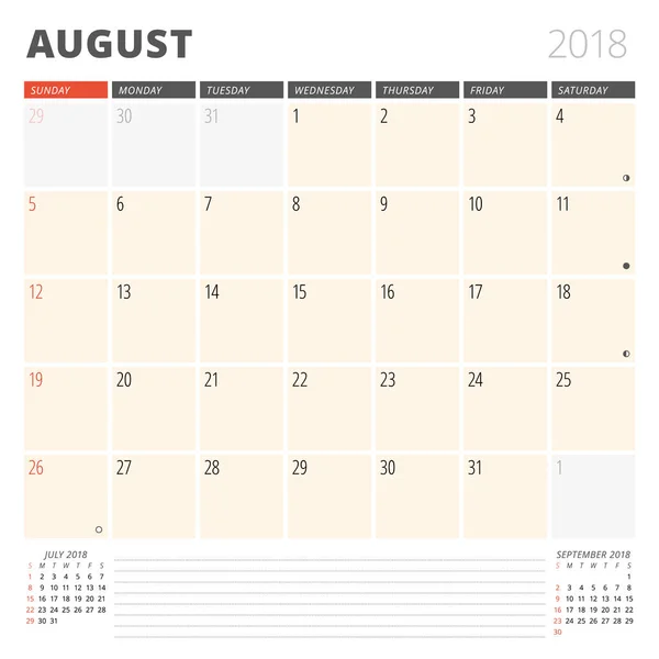 Planificador de calendario para agosto de 2018. Plantilla de diseño. La semana comienza el domingo. 3 meses en la página — Vector de stock