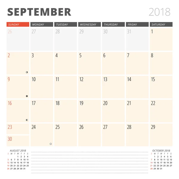 Calendar Planner for September 2018. Design Template. Week Starts on Sunday. 3 Months on the Page — Stock Vector