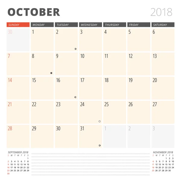 Ekim 2018 için takvim planlayıcısı. Tasarım şablonu. Hafta Pazar günü başlar. Sayfa 3 ay