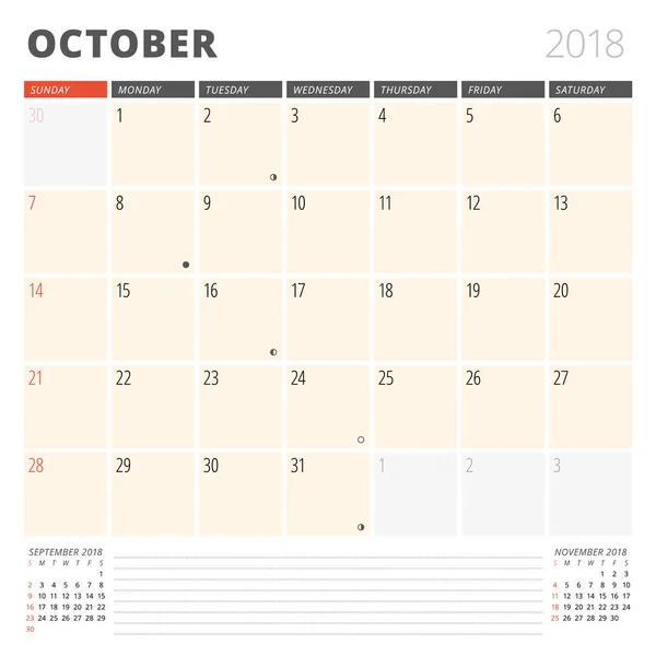 Calendário Planner para outubro de 2018. Modelo de design. A semana começa no domingo. 3 Meses na página — Vetor de Stock