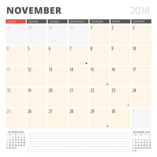 De Planner van de kalender voor November 2018. Ontwerpsjabloon. Week begint op zondag. 3 maanden op de pagina — Stockvector