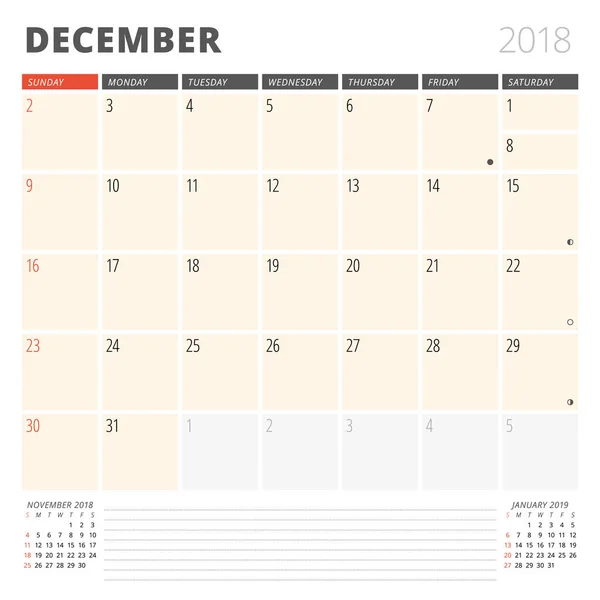 Calendar Planner for December 2018. Design Template. Week Starts on Sunday. 3 Months on the Page — Stock Vector