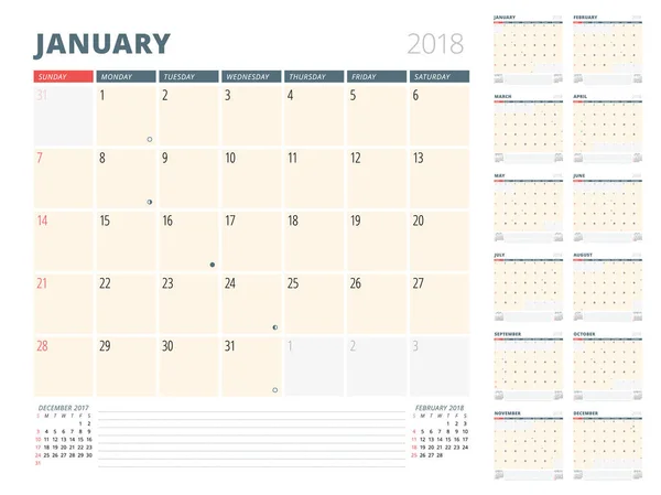 Calendrier Planificateur pour 2018 Année. Modèle de conception. La semaine commence le dimanche. 3 mois sur la page — Image vectorielle