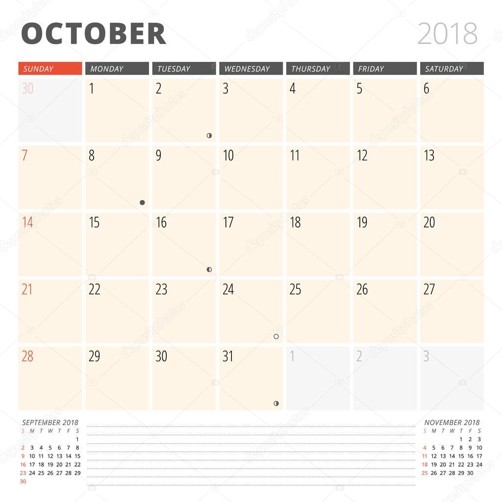 Calendar Planner for October 2018. Design Template. Week Starts on Sunday. 3 Months on the Page