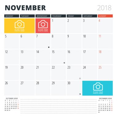 Kasım 2018 için takvim planlayıcısı. Baskı tasarım şablonu. Hafta Pazartesi günü başlar. Vektör çizim. İleti örneği tasarım
