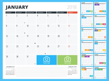 2018 yıl için takvim planlayıcısı. Baskı tasarım şablonu. Hafta Pazartesi günü başlar. Vektör çizim. İleti örneği tasarım