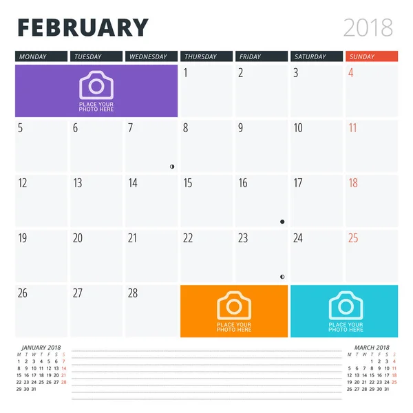 Planificador de calendario para febrero de 2018. Plantilla de diseño de impresión. La semana comienza el lunes. Ilustración vectorial. Diseño de papelería — Vector de stock