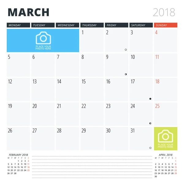 Планировщик календаря на март 2018 года. Print Шаблон дизайна. Неделя начинается в понедельник. Векторная иллюстрация. Канцелярский дизайн — стоковый вектор