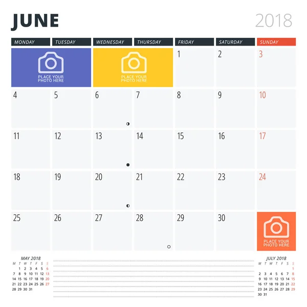 Planificador de calendario para junio de 2018. Plantilla de diseño de impresión. La semana comienza el lunes. Ilustración vectorial. Diseño de papelería — Vector de stock