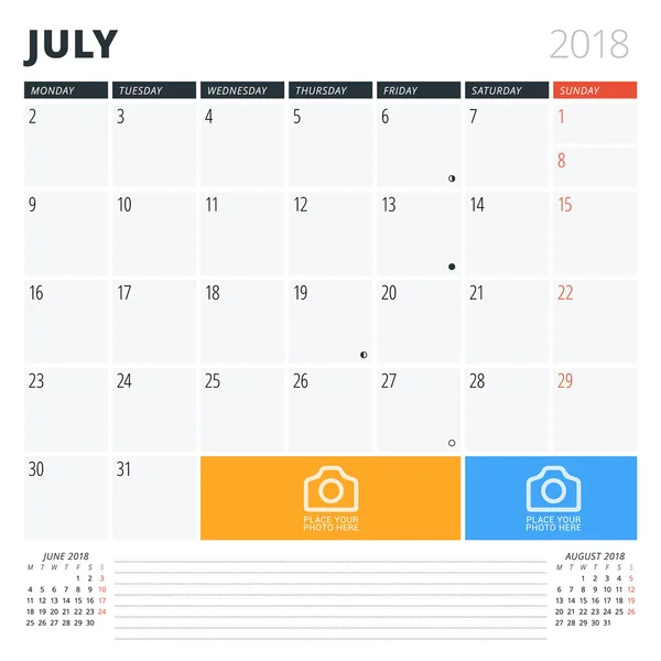 Planificador de calendario para julio de 2018. Plantilla de diseño de impresión. La semana comienza el lunes. Ilustración vectorial. Diseño de papelería — Vector de stock