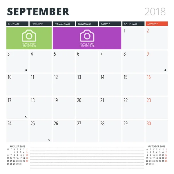 Kalender Planner för September 2018. Skriv ut mallen. Veckan börjar på måndag. Vektorillustration. Pappersvaror Design — Stock vektor