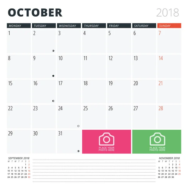Calendário Planner para outubro de 2018. Modelo de design de impressão. A semana começa na segunda-feira. Ilustração vetorial. Design de artigos de papelaria —  Vetores de Stock