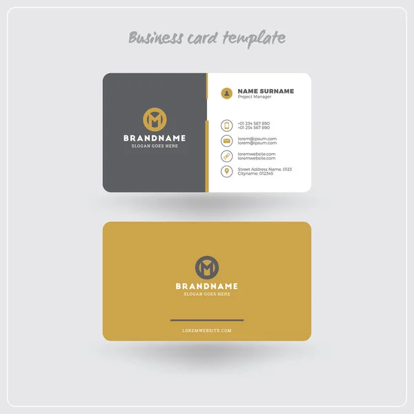 Altın ve gri kartvizit yazdırma şablonu. Şirket logosu ile kişisel kartvizit. Temiz, düz tasarım. Köşeleri yuvarlatılmış. Vektör çizim. Kartvizit Mockup gölgeler