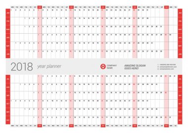 Yıllık duvar takvim planlayıcısı için şablon 2018 yıl. Vektör tasarım yazdırma şablonu. Hafta başlıyor Pazartesi