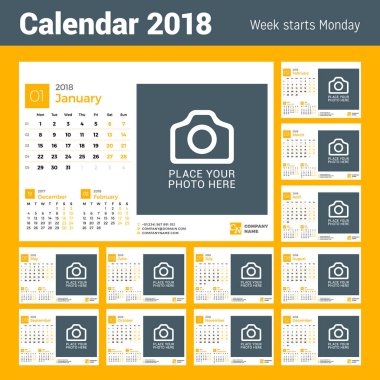 2018 yıl için takvim. Vektör tasarım fotoğraf ve şirket logosu için yer yazdırma şablonu. Hafta Pazartesi günü başlar. 12 ay kümesi
