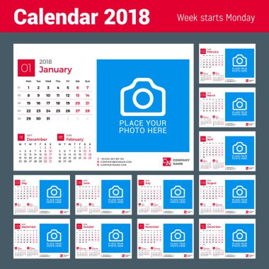 2018 yıl için takvim. Vektör tasarım fotoğraf ve şirket logosu için yer yazdırma şablonu. Hafta Pazartesi günü başlar. 12 ay kümesi