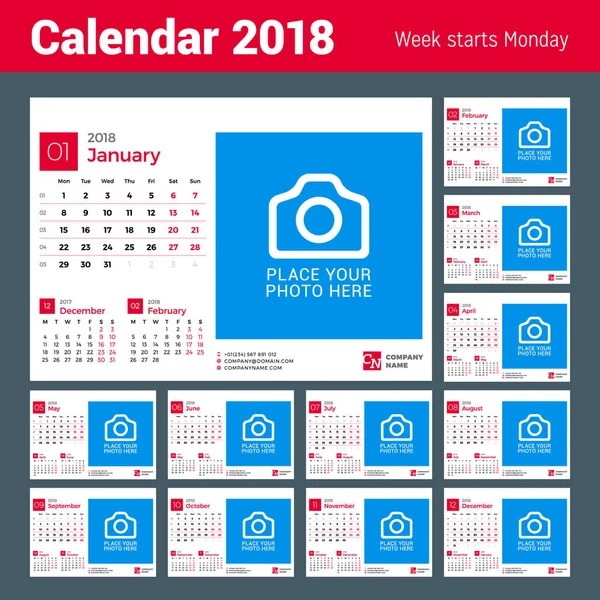 Календар на 2018 рік. Векторний дизайн Друк шаблону з місцем для фотографії та логотипом компанії. Тиждень починається в понеділок. Набір з 12 місяців — стоковий вектор