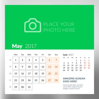 Takvim şablonu Mayıs 2017. Hafta başlıyor Pazartesi. Tasarım yazdırma şablonu. Vektör illüstrasyon izole