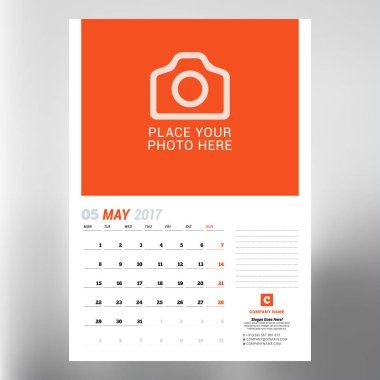 Takvim şablonu Mayıs 2017. Hafta başlıyor Pazartesi. Tasarım yazdırma şablonu. Vektör illüstrasyon izole