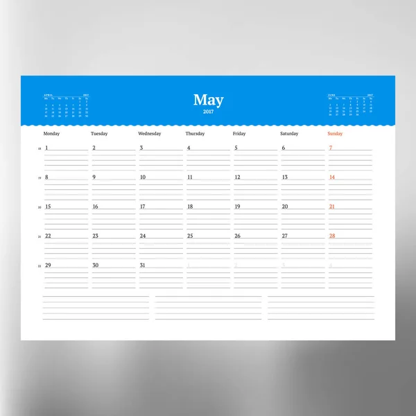 Szablon kalendarza dla maja 2017 r. Tydzień zaczyna się od poniedziałku. Projekt szablonu wydruku. Wektor ilustracja na białym tle — Wektor stockowy