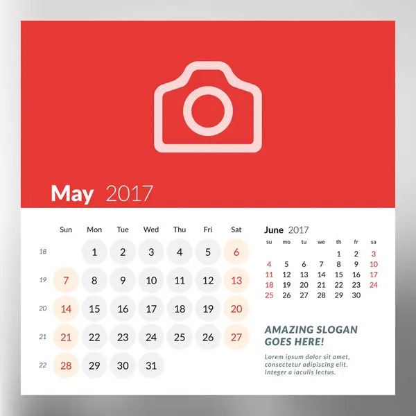 Szablon kalendarza dla maja 2017 r. Rozpoczyna się tydzień niedziela. Projekt szablonu wydruku. Wektor ilustracja na białym tle — Wektor stockowy