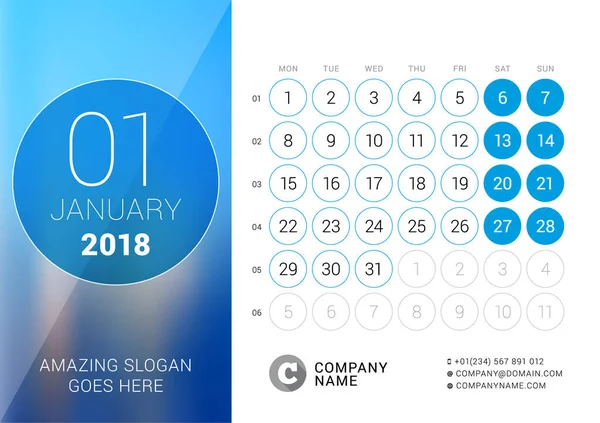 Ocak 2018. Masa takvimi 2018 yıl için. Vektör tasarım yer için fotoğraf yazdırma şablonu. Hafta Pazartesi günü başlar. Takvim kılavuzu hafta numaraları ile