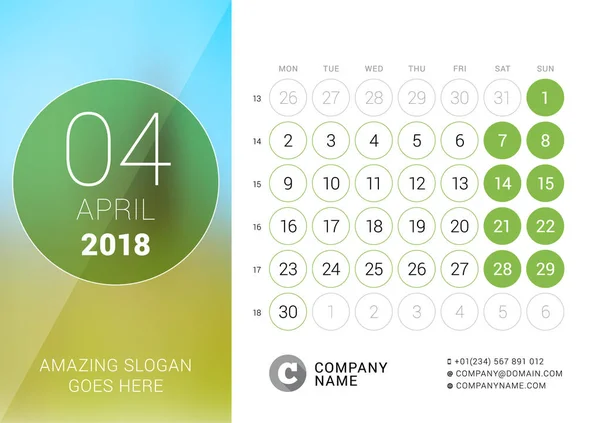 Апрель 2018 года. Настольный календарь на 2018 год. Шаблон для печати векторного дизайна с местом для фотографии. Неделя начинается в понедельник. Календарная сетка с номерами недель — стоковый вектор