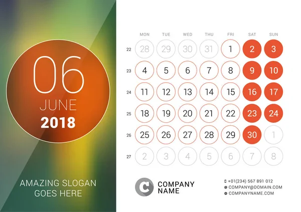Июнь 2018 года. Настольный календарь на 2018 год. Шаблон для печати векторного дизайна с местом для фотографии. Неделя начинается в понедельник. Календарная сетка с номерами недель — стоковый вектор