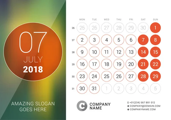 Июль 2018 года. Настольный календарь на 2018 год. Шаблон для печати векторного дизайна с местом для фотографии. Неделя начинается в понедельник. Календарная сетка с номерами недель — стоковый вектор